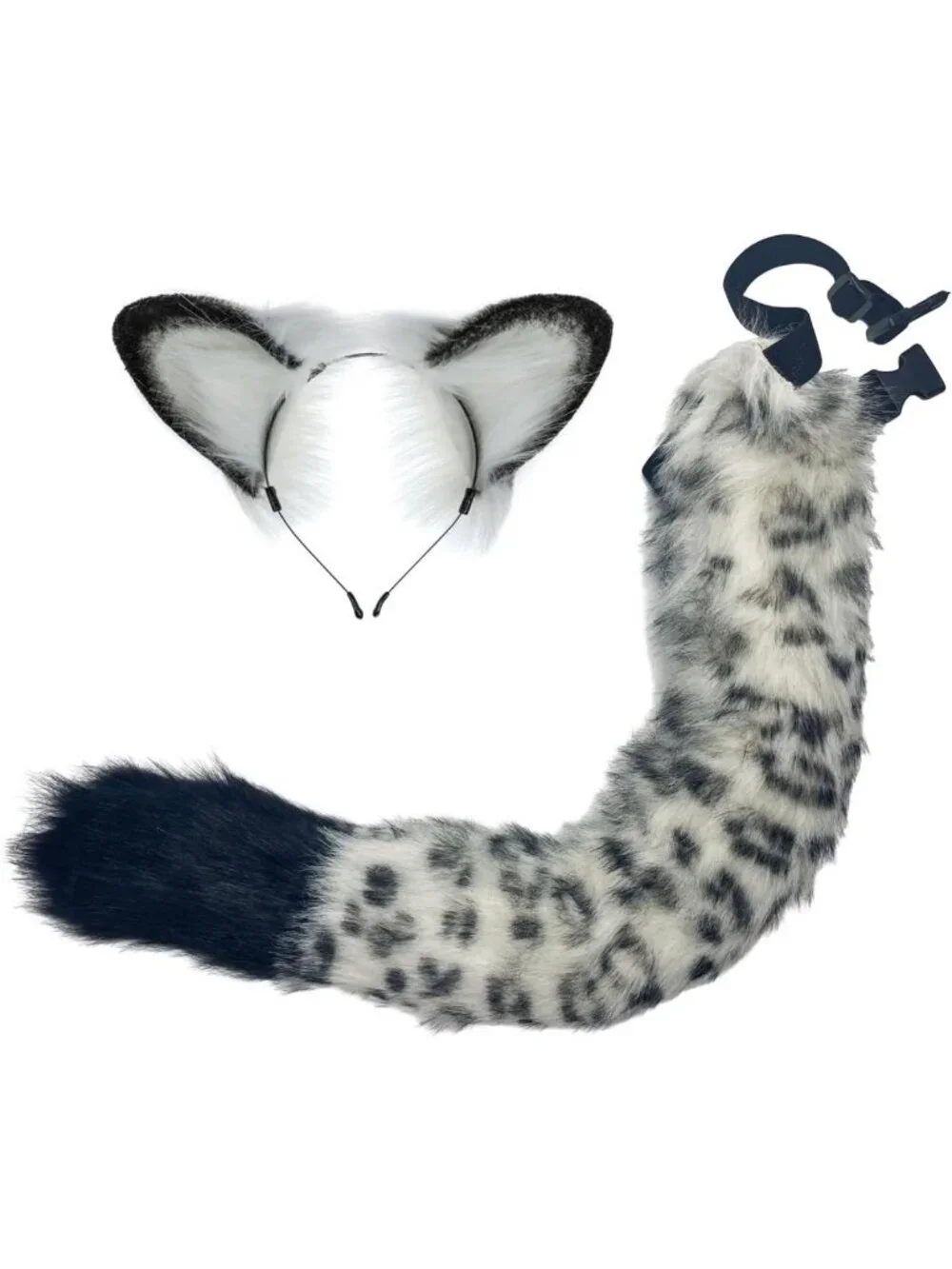 Faux Fur Spotted Snow Leopard Ear Headband & Tail Set - Halloween Costume